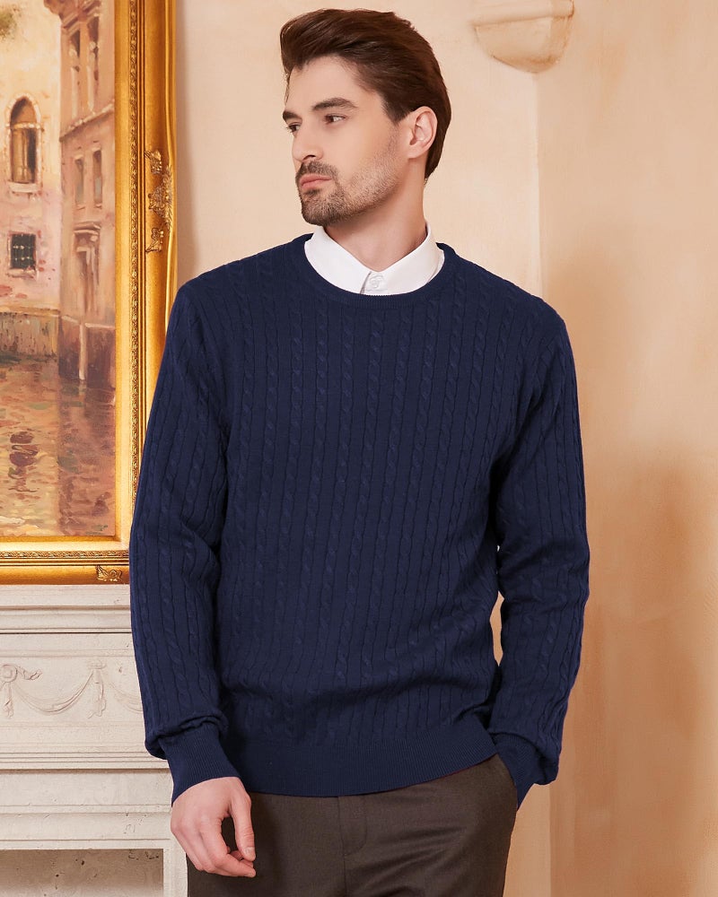 Kallspin Men's Cable Knit Crewneck Sweater Pullovers Wool Blend Relax Fit Knitwear (Navy Blue, Large) - Image 2